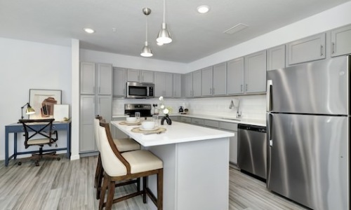 Modern NOVO Avian Pointe's sustainable apartment kitchen with grey cabinets and stainless steel, energy efficient appliances