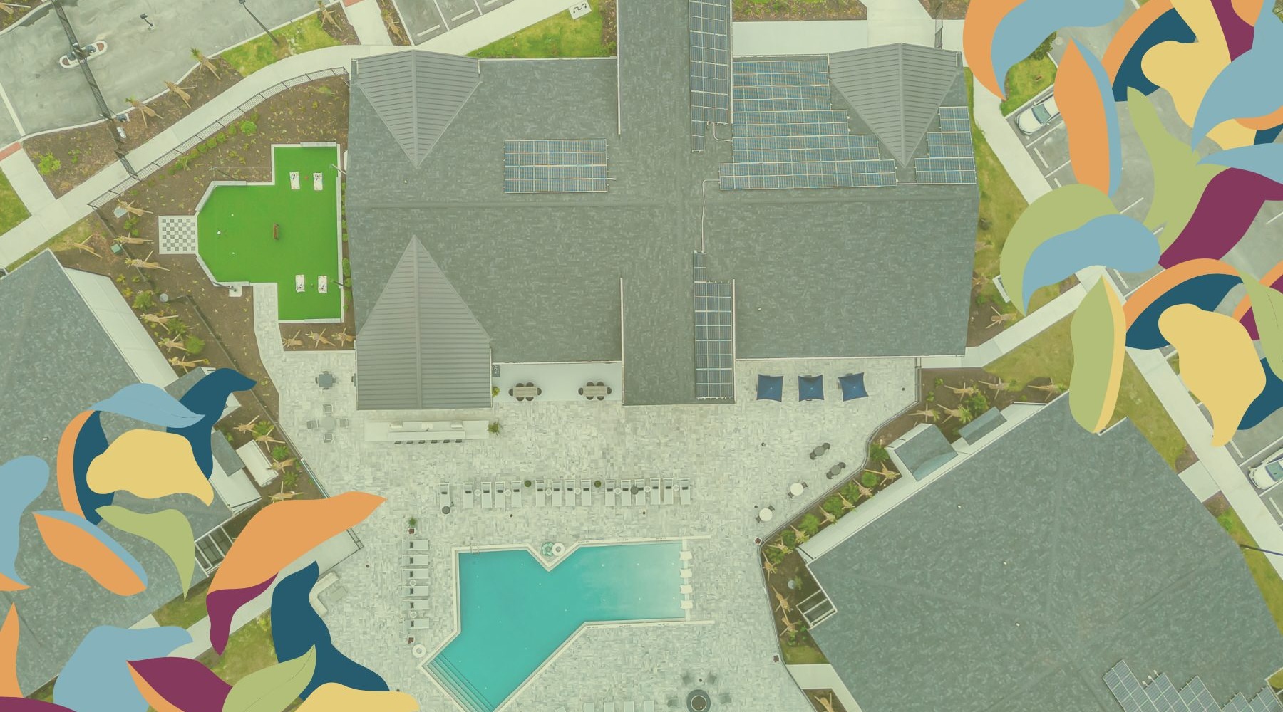 Sustainable Apartment Living in Apopka Green overlay on a photo of NOVO Avian Pointe's clubhouse and pool from a birds eye view