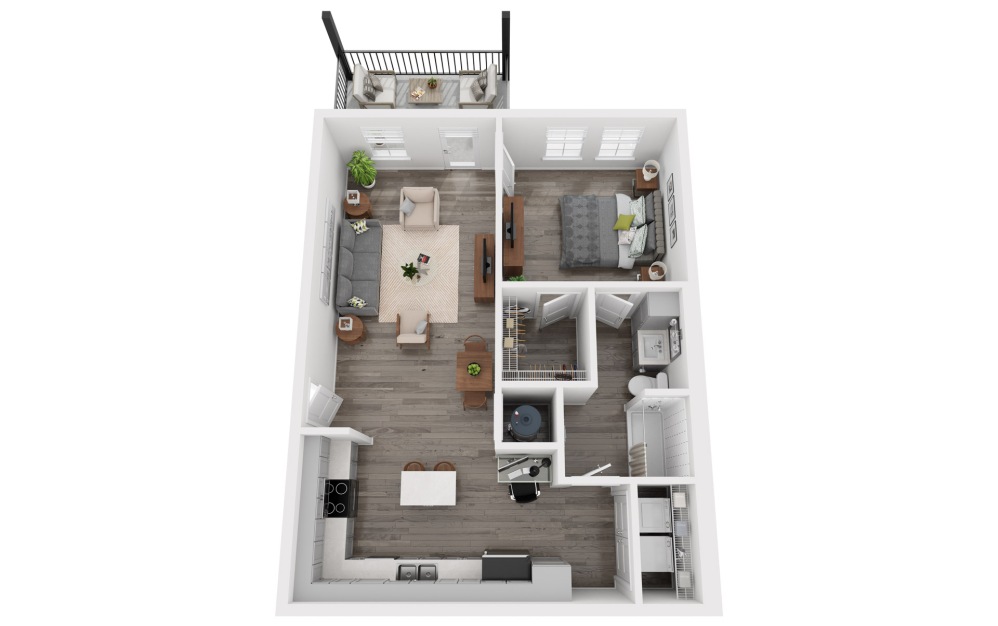 Heron - 1 bedroom floorplan layout with 1 bathroom and 762 square feet (3D)