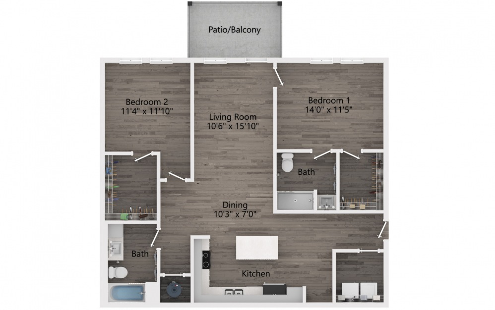 Osprey 2 bedroom and 2 bathroom sustainable apartment floorplan at NOVO Avian Pointe