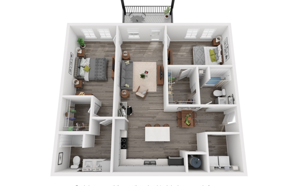 Magnolia - 2 bedroom floorplan layout with 2 bathrooms and 1160 square feet (3D)