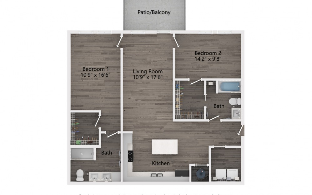 Magnolia - 2 bedroom floorplan layout with 2 baths and 1160 square feet. (2D)