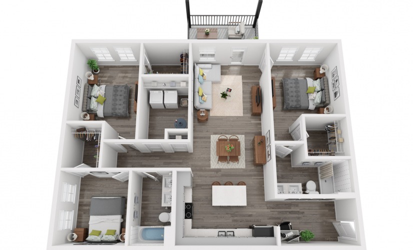 Spoonbill 3 bedroom and 2 bathroom sustainable apartment floorplan at NOVO Avian Pointe