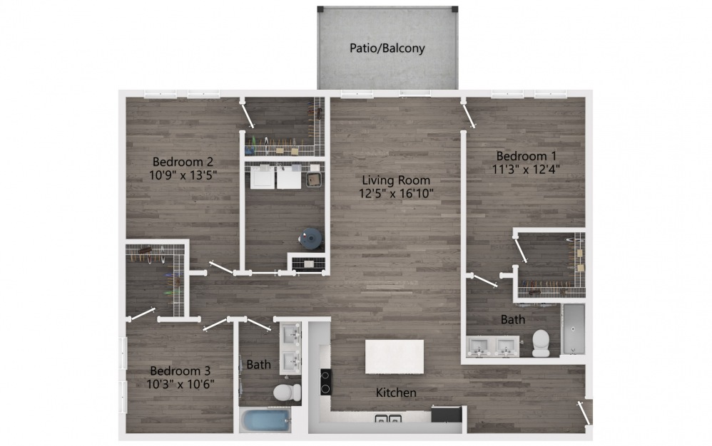 Spoonbill 3 bedroom and 2 bathroom sustainable apartment floorplan at NOVO Avian Pointe